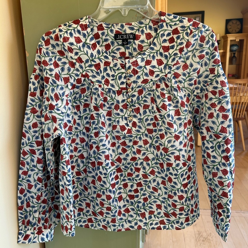 J. Crew Women’s 100% Cotton Gold Button Red & Blue Floral Print Blouse Sz Small